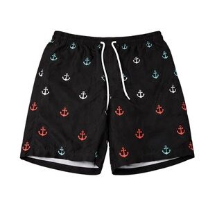 Manfinity Men’s Medium Anchor Print Swim Trunks Black Nautical Board Shorts